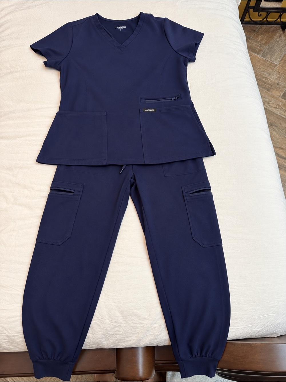 Jaanuu Navy Scrub Set Size L V-Neck Top + Cargo Jogger Pants